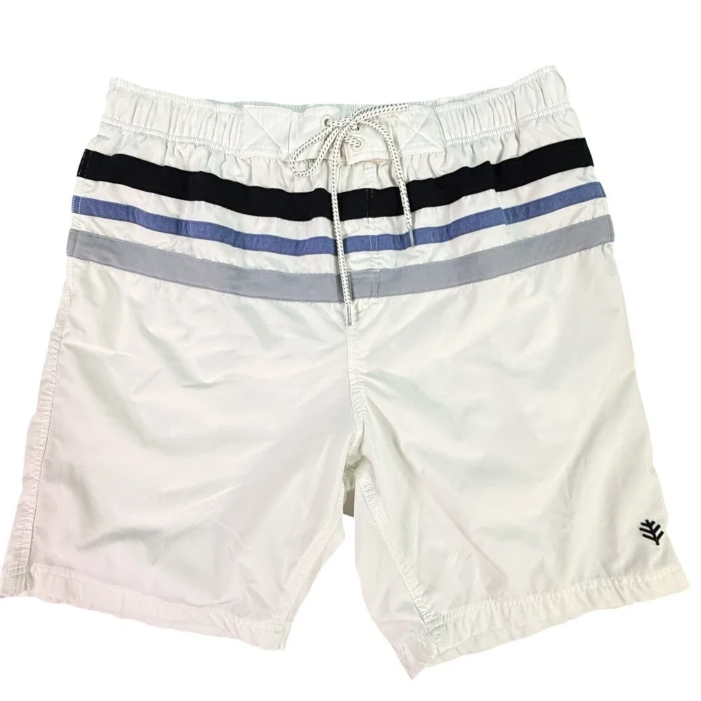 Mens Swim Trunks White UPF 50+ Stripe‎ Elastic Waist Drawstring XXL